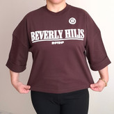 تیشرت زنانه نخ پنبه باکسی طرح Beverly Hills رنگ قهوهای مناسب تا سایز 46