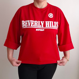 تیشرت زنانه نخ پنبه باکسی طرح Beverly Hills رنگ قرمز مناسب تا سایز 46