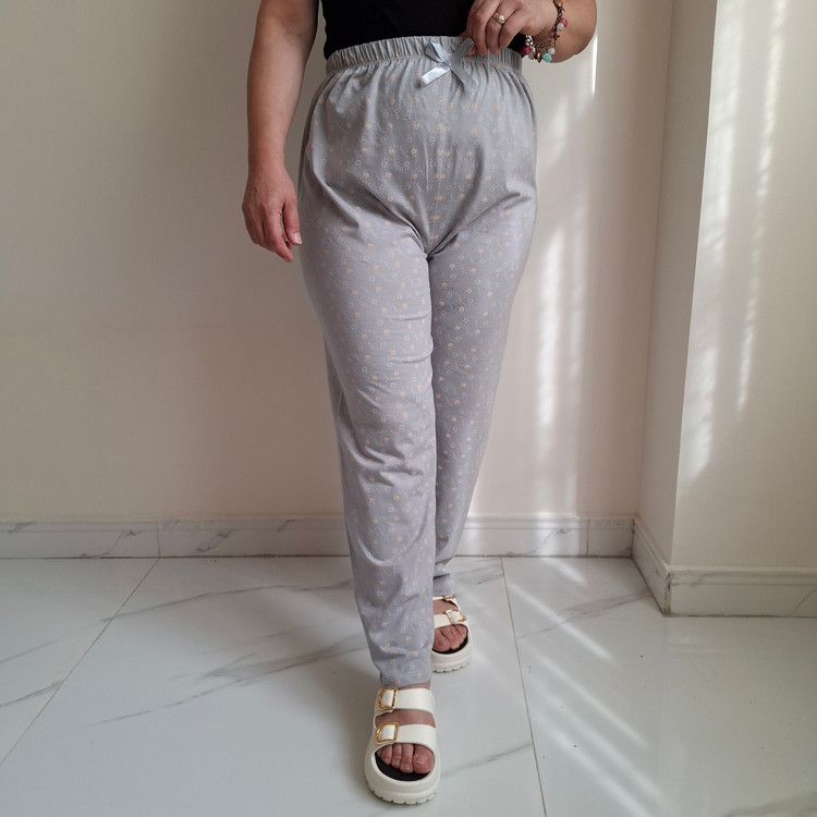 شلوار خانگی زنانه سایز بزرگ نخ پنبه طوسی کمرنگ طرح ستاره